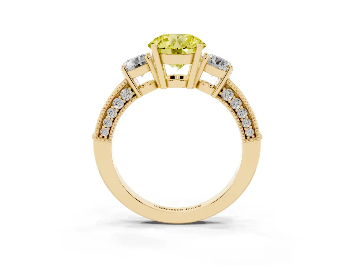 Fancy Yellow Round Cut Three-Stone Diamond Ring with Pavé Band and Four-Prong Setting Yellow gold