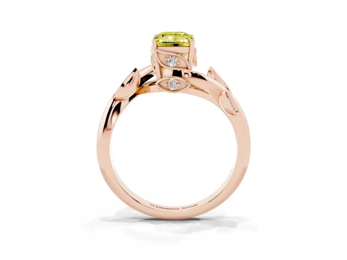 Fancy Yellow Emerald Cut Solitaire Twist Engagement Ring with Leaf Accents and Prong Setting Rose gold