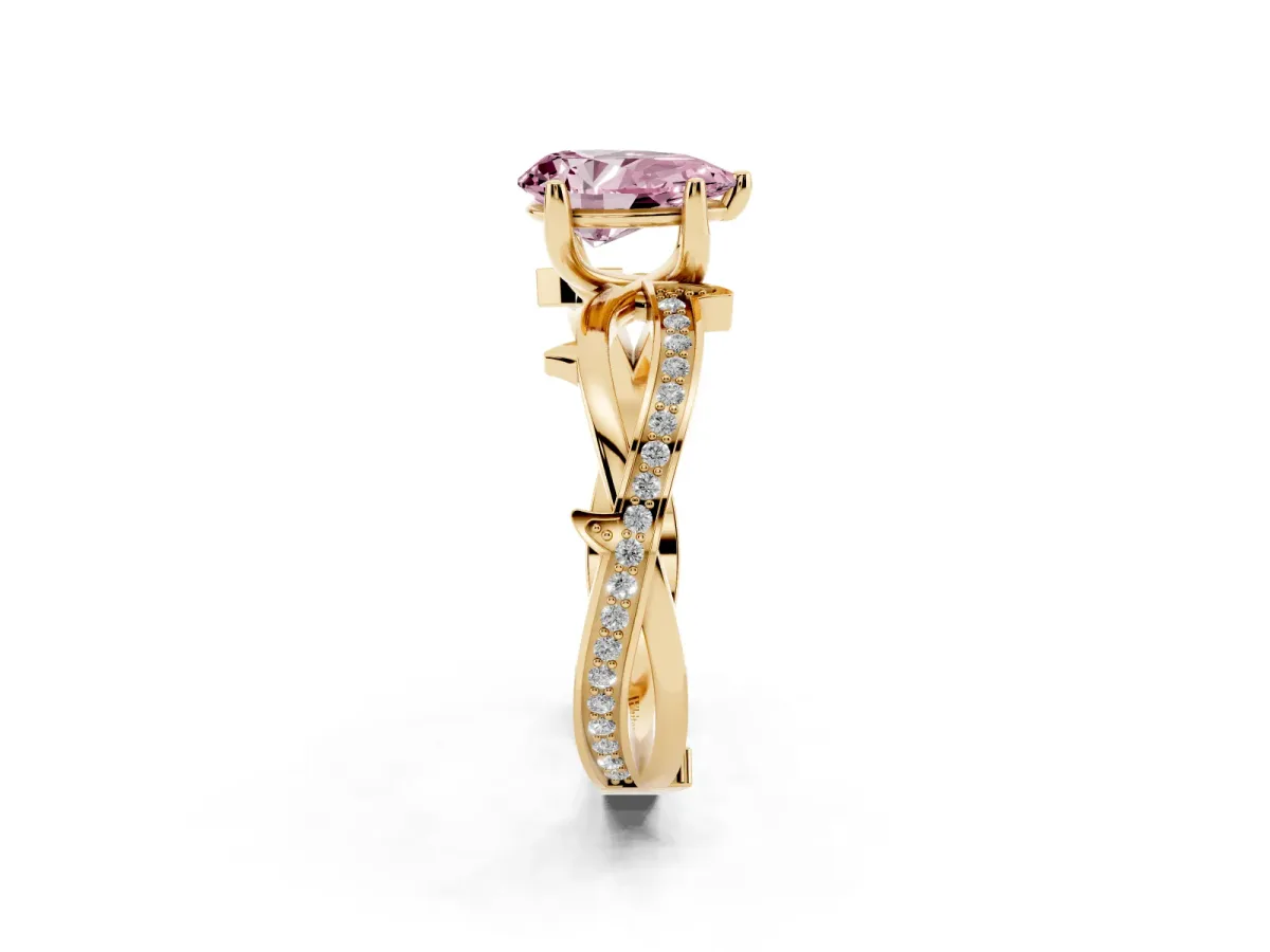 Fancy Pink Pear Cut Solitaire Twist Band with Pavé Accents and Four-Prong Setting Yellow gold
