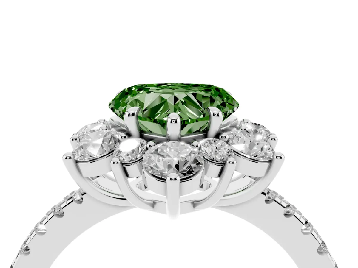 Fancy Green Heart Cut Diamond Floral Halo Ring with Round Pavé Band and Prong Setting Silver