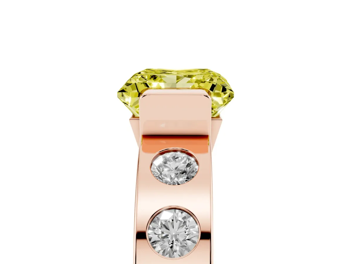 Fancy Yellow Princess Cut Brilliant Channel-Set Diamond Ring with Bezel Prong Setting Rose gold