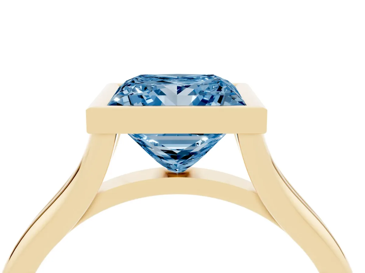 Fancy Blue Bezel Set Princess Cut Cut Solitaire Ring with Tapered Band Yellow gold