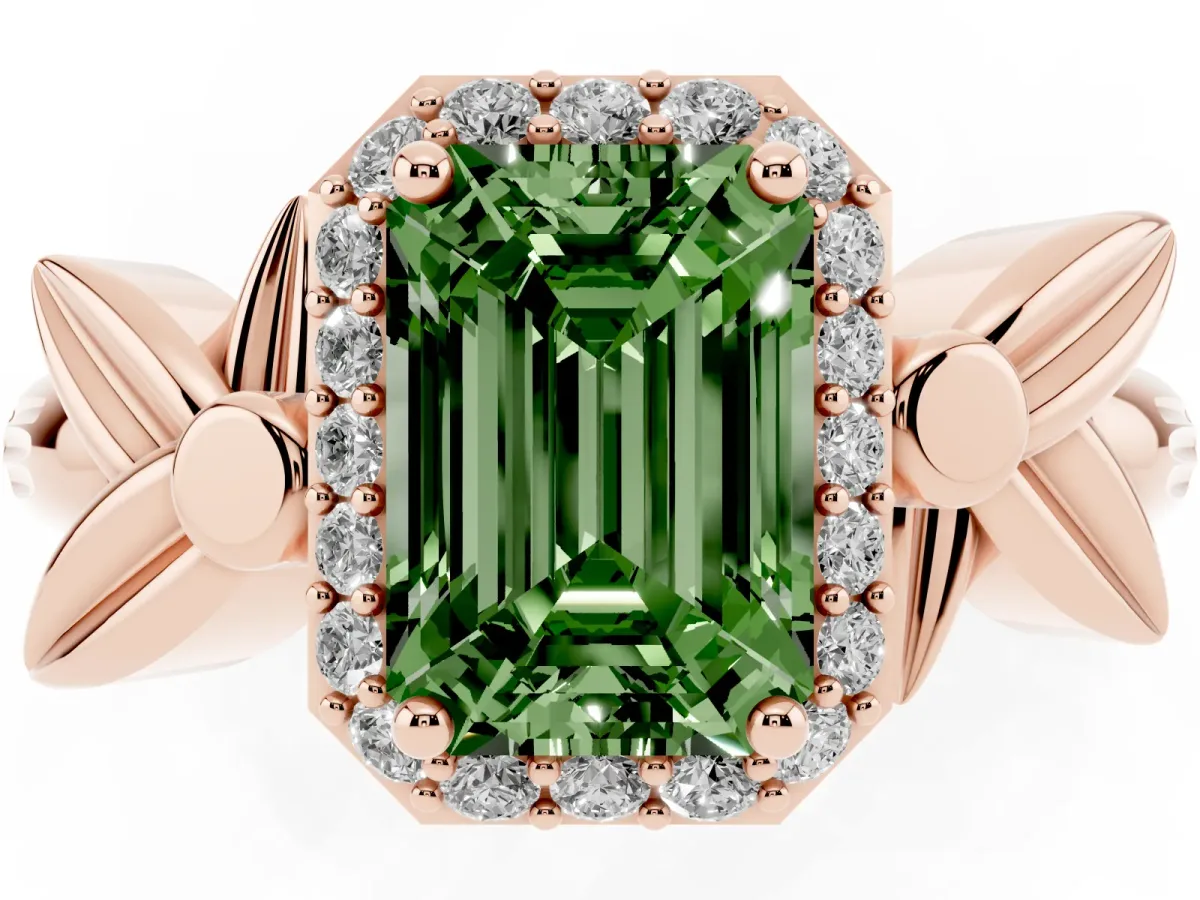 Fancy Green Emerald Cut Halo Diamond Floral Band with Four-Prong Setting Rose gold