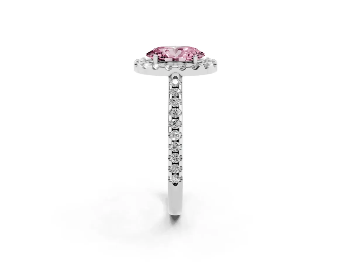 Fancy Pink Oval Cut Diamond Pavé Halo Ring with Four-Prong Setting Silver