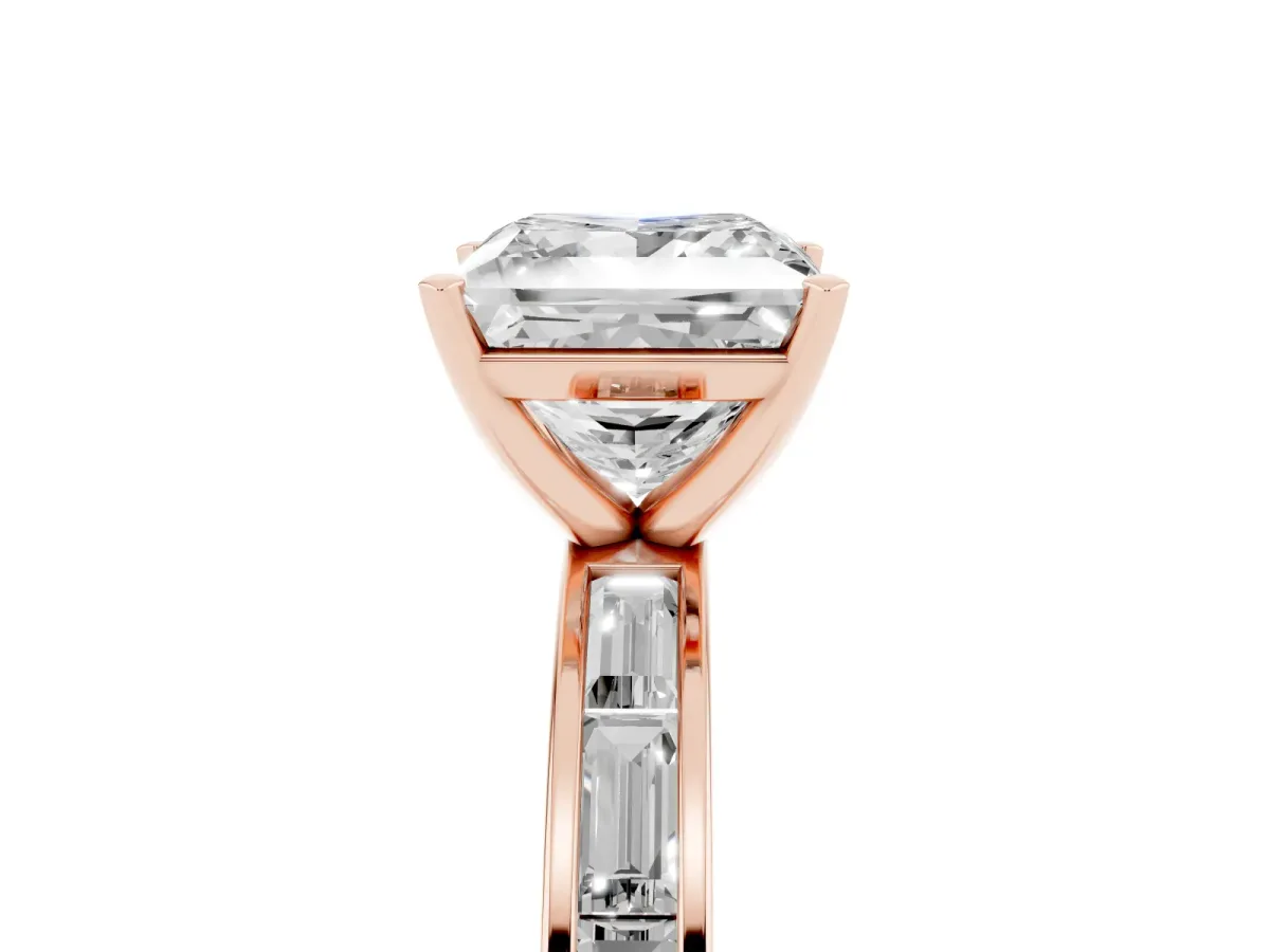 Princess Cut Solitaire Diamond Ring with Channel-Set Baguette Band and Four-Prong Setting Rose gold