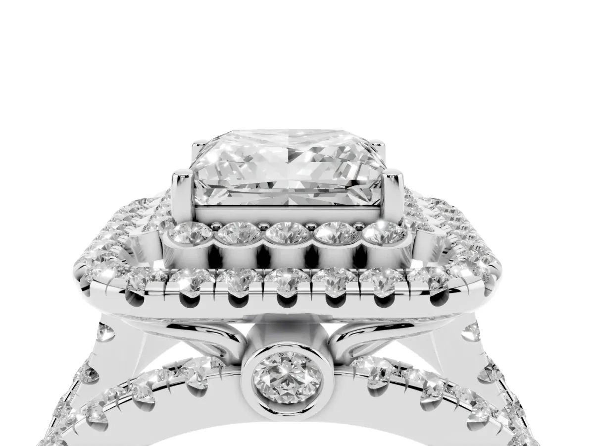 Princess Cut Diamond Double Halo Ring with Round Pavé Split Shank and Prong Setting Silver