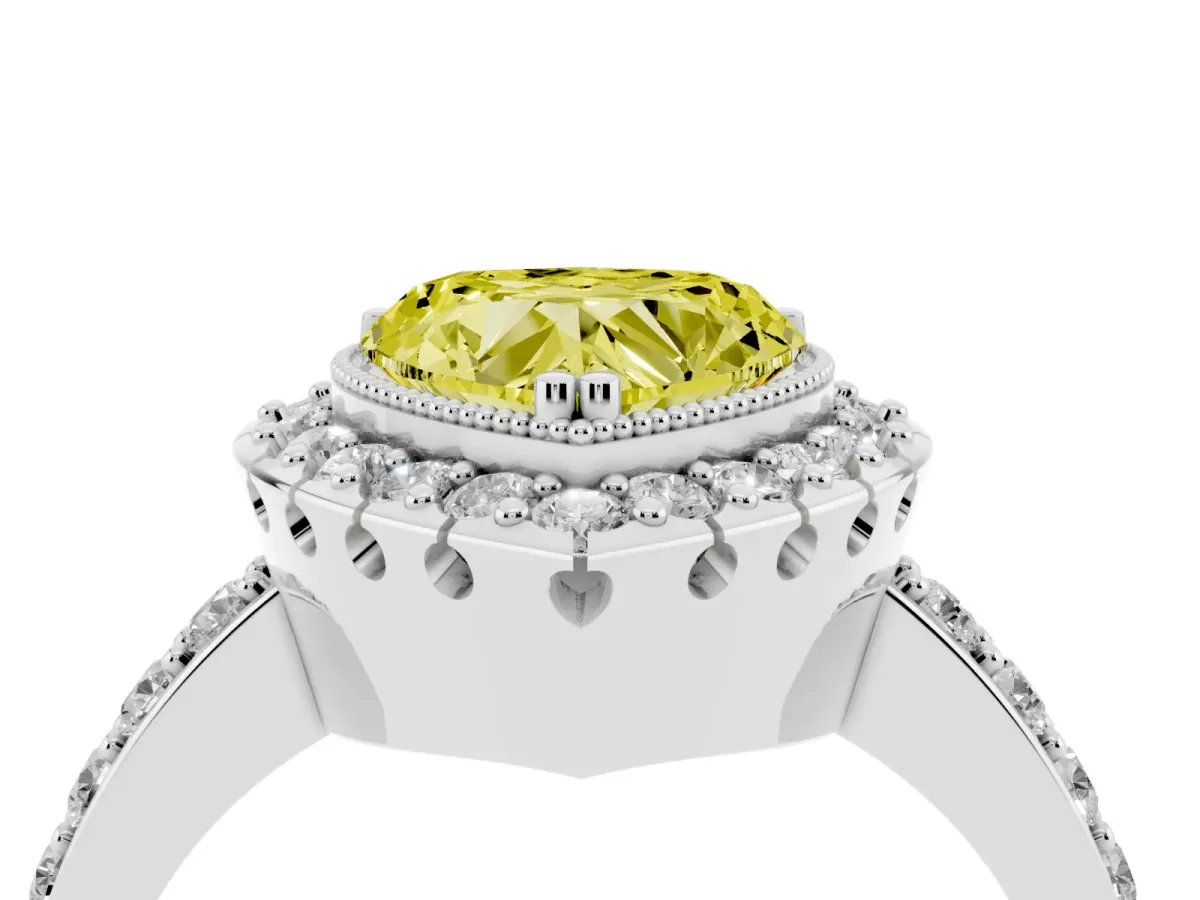 Fancy Yellow Heart Cut Diamond Halo Ring with Pavé Band and Prong Setting Silver