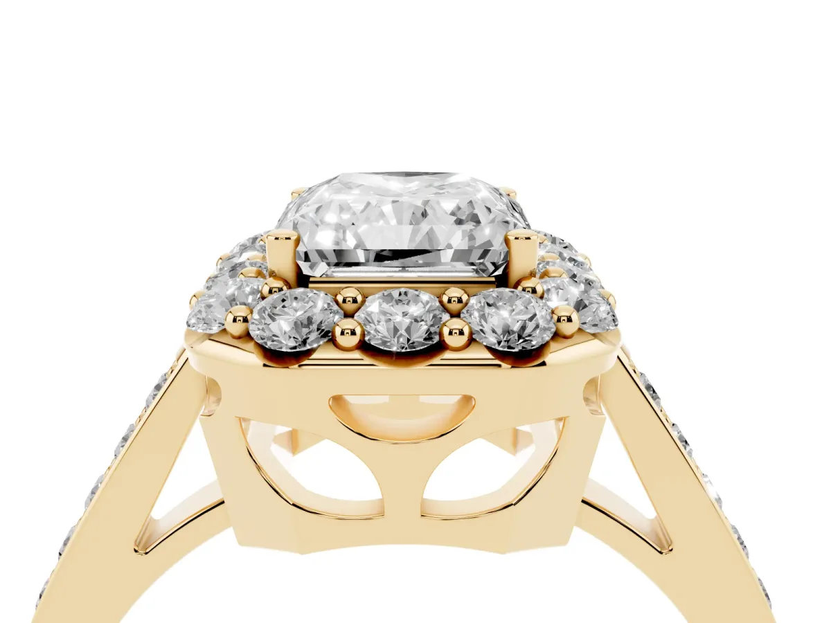 Radiant Cut Diamond Floral Halo Ring with Pavé Band and Prong Setting Yellow gold