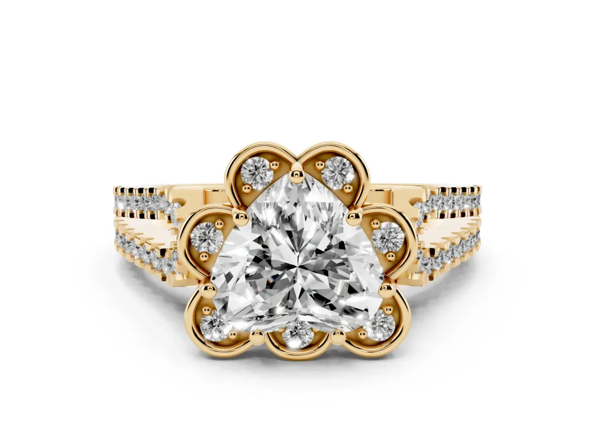 Heart Cut Halo Diamond Floral Split Shank Engagement Ring Yellow gold