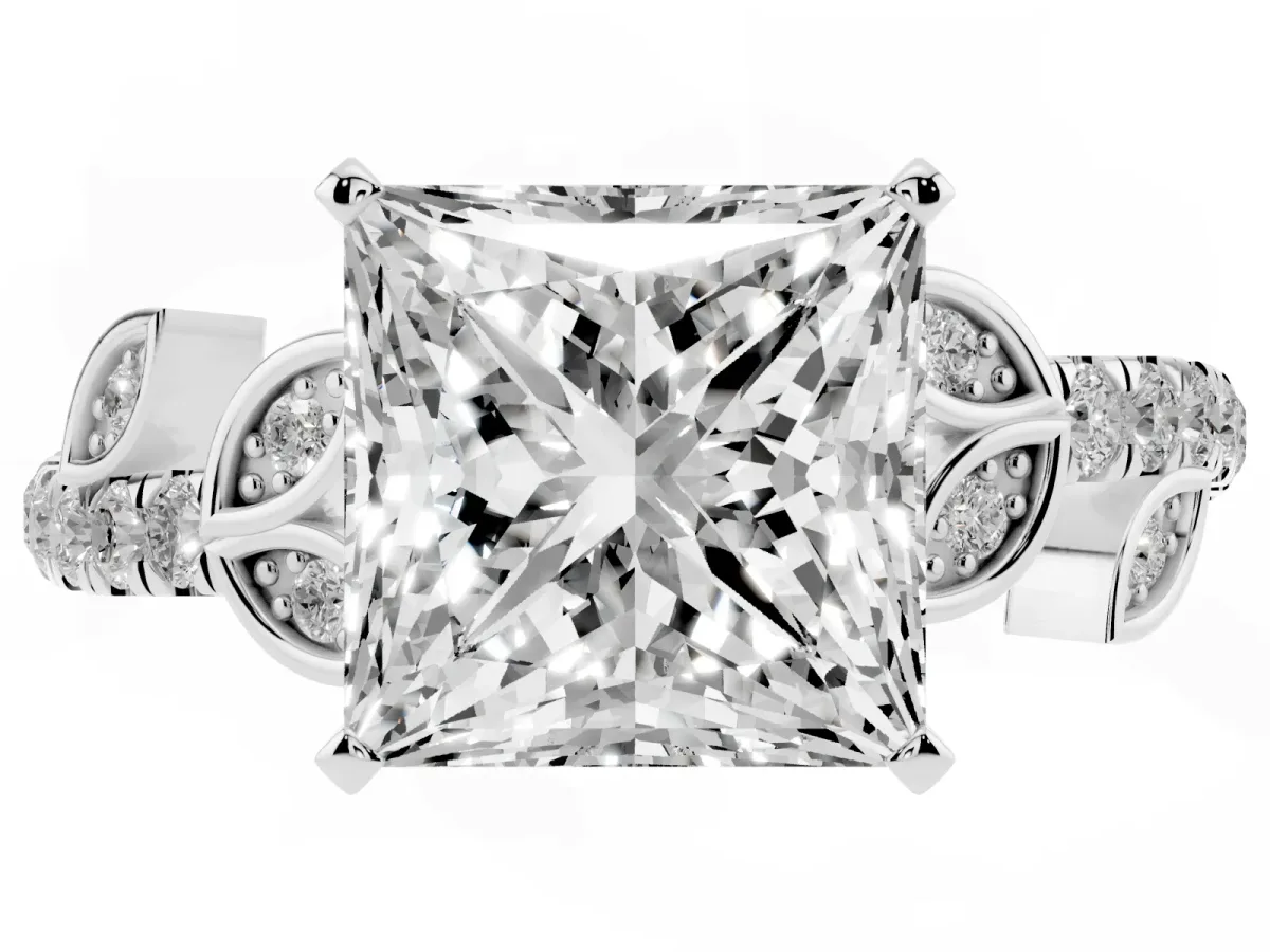 Princess Cut Solitaire Leaf-Inspired Diamond Ring with Pavé Band and Four-Prong Setting Silver