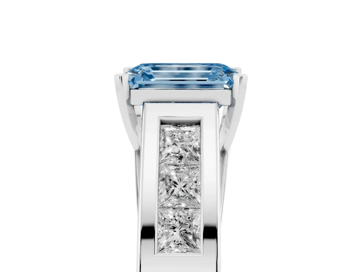 Fancy Blue Emerald Cut Cut Channel Set Solitaire Ring with Four-Prong Setting Platinum