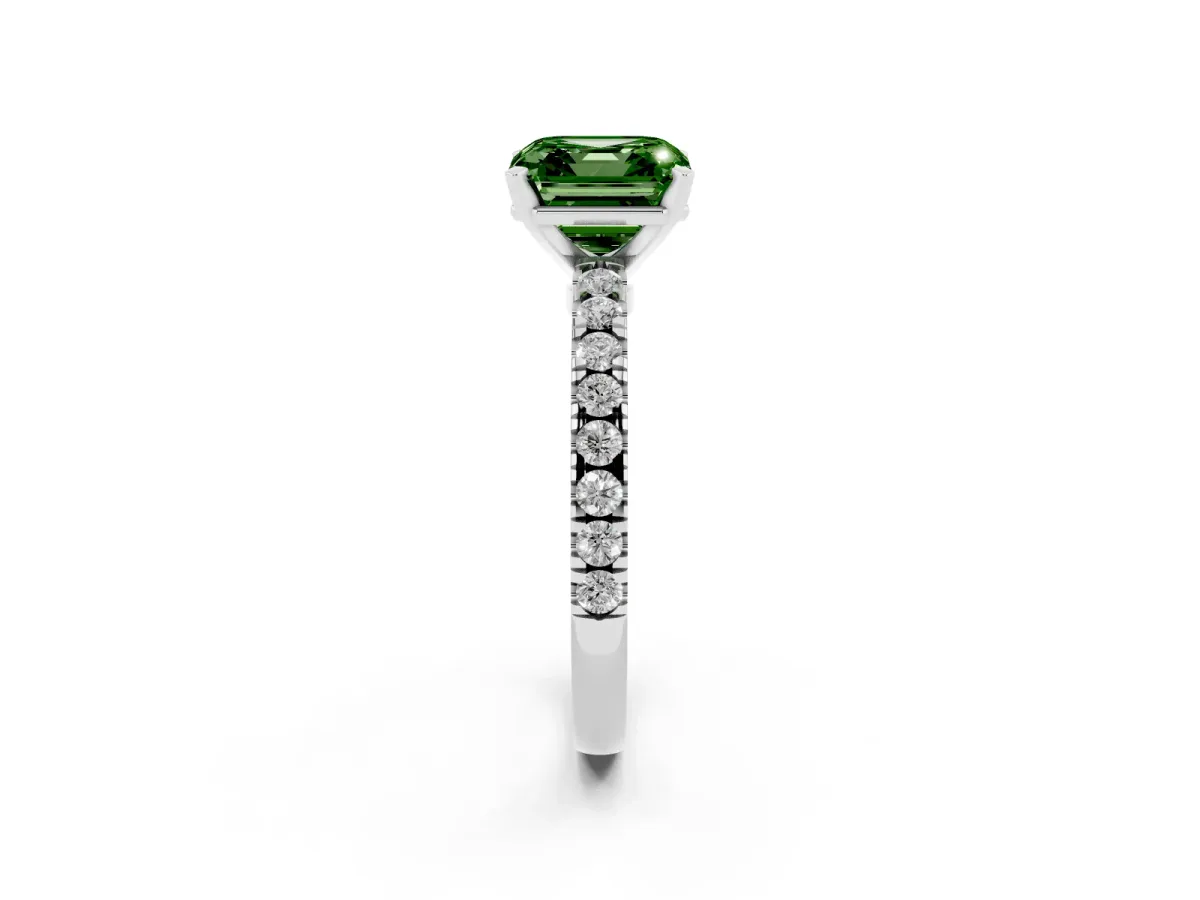 Fancy Green Asscher Cut Solitaire Diamond with Pavé Band and Four-Prong Setting White gold