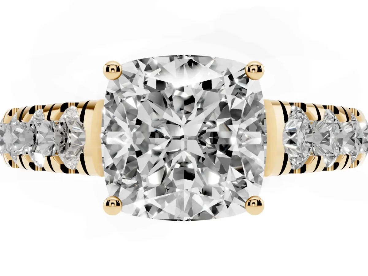 Cushion Cut Cut Diamond Solitaire Ring with Micro Pave Band and Prong Setting Yellow gold