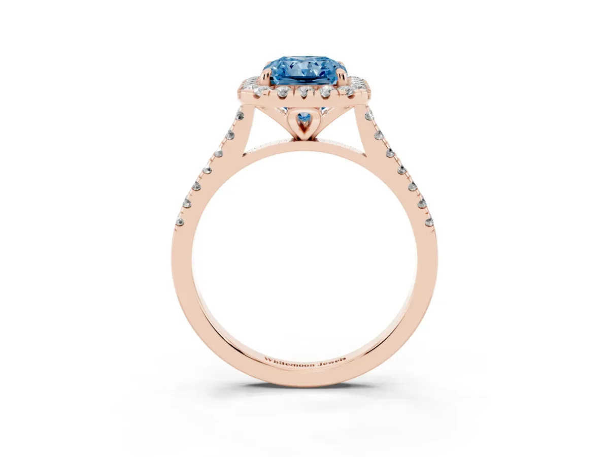 Fancy Blue Radiant Cut Diamond Cushion Halo Ring with Pavé Band Rose gold
