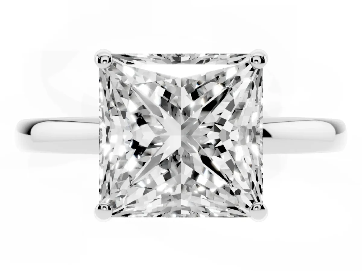 Princess Cut Solitaire Diamond Ring with Prong Setting and Plain Band Silver