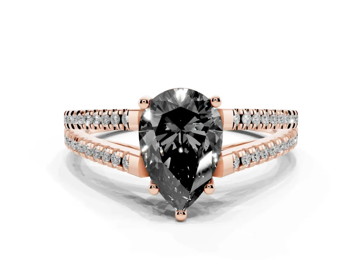 Fancy Black Pear Cut Diamond Solitaire Engagement Ring with Split Shank Pavé Band Rose gold