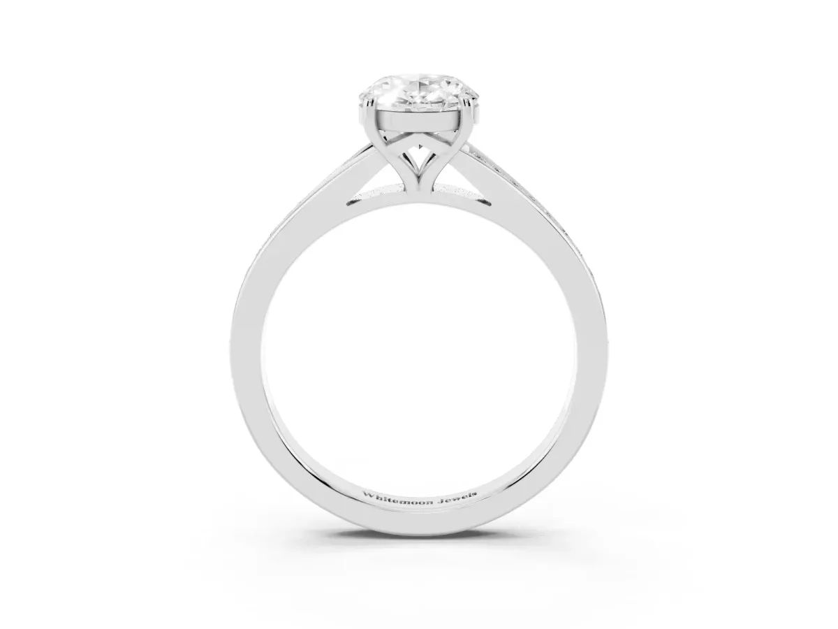 Oval Cut Diamond Solitaire Ring with Pavé Band and Prong Setting Silver