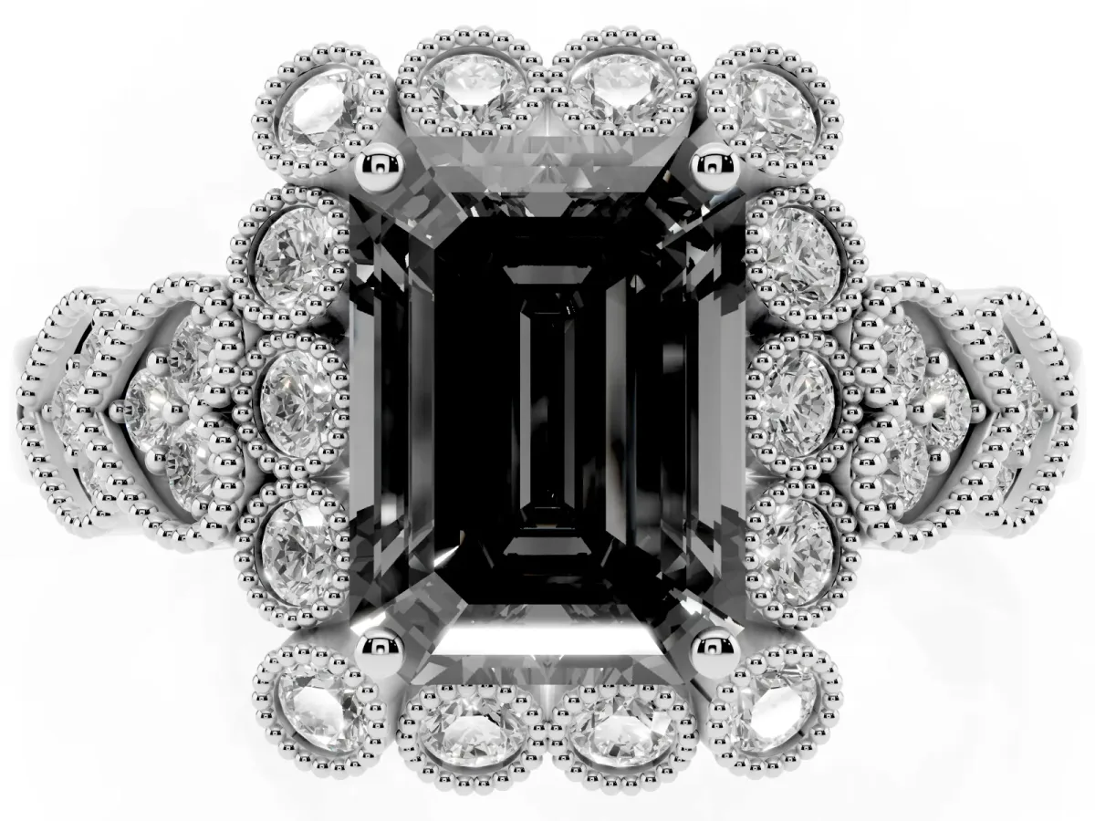 Fancy Black Emerald Cut Brilliant Milgrain Pave Heart Band Solitaire Ring Silver