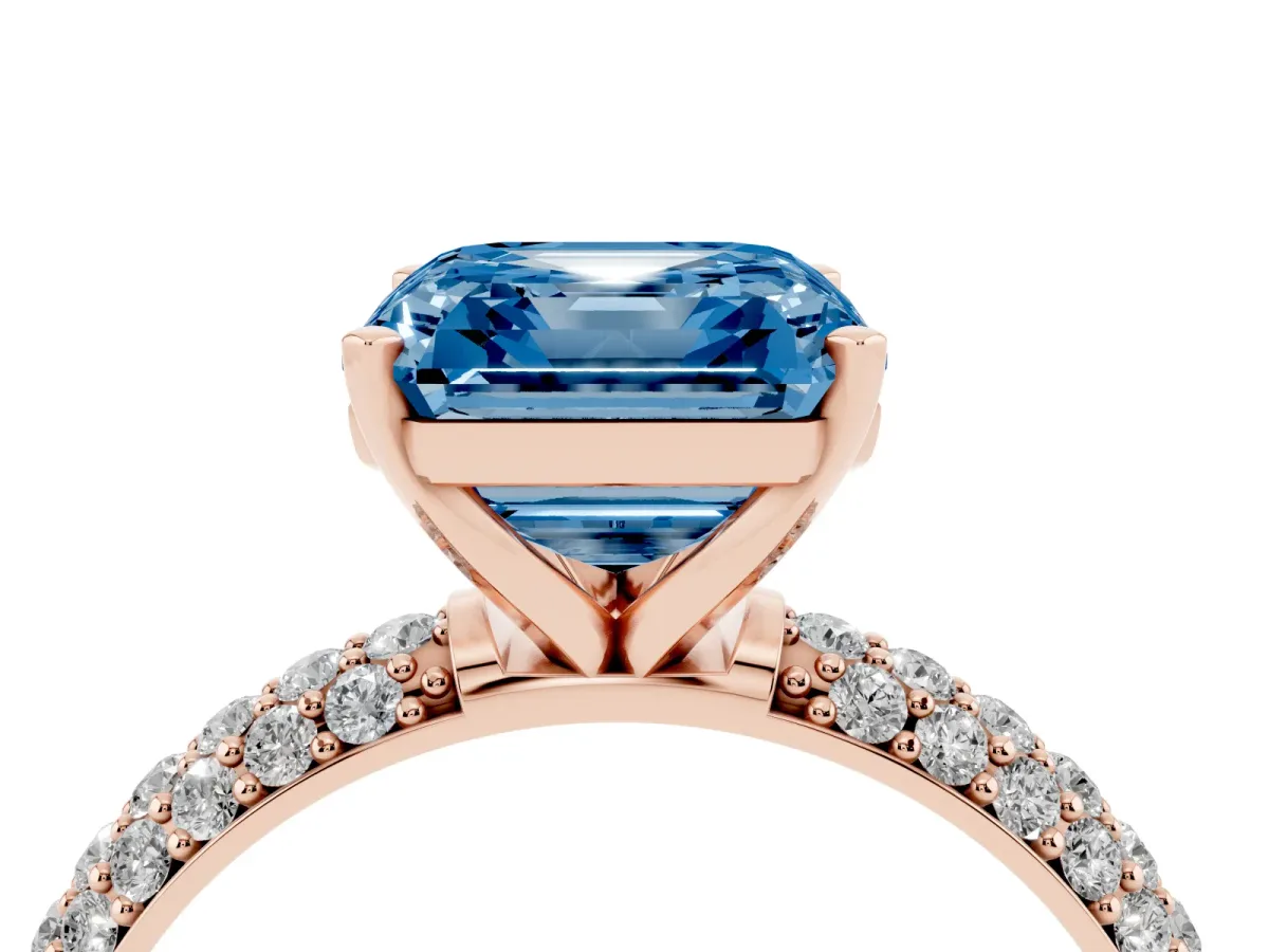 Fancy Blue Asscher Cut Diamond Solitaire Ring with Prong Setting and Pavé Band Rose gold