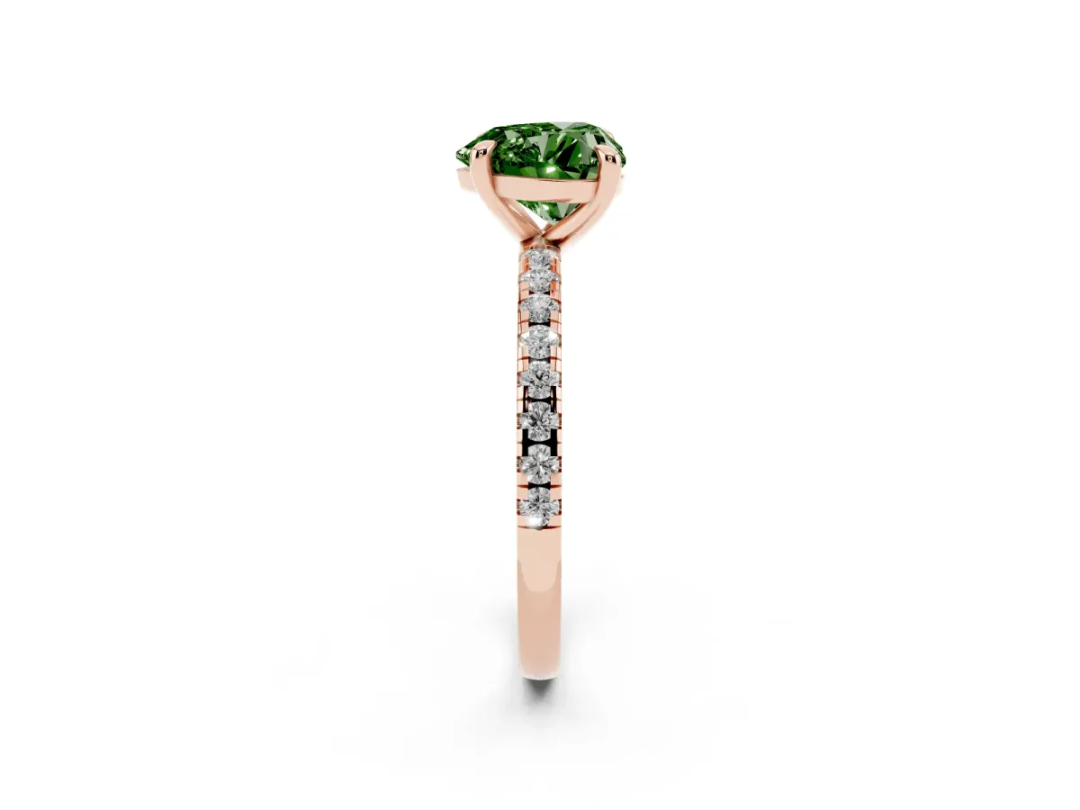 Fancy Green Heart Cut Diamond Brilliant Solitaire Ring with Pavé Band and Four-Prong Setting Rose gold
