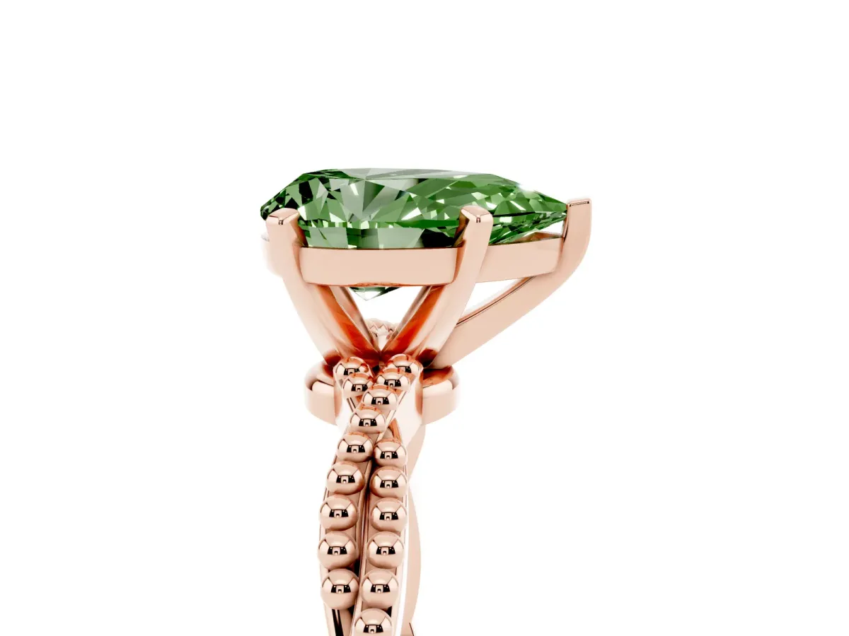 Fancy Green Pear Cut Solitaire Twisted Band with Bead Prong Setting Rose gold