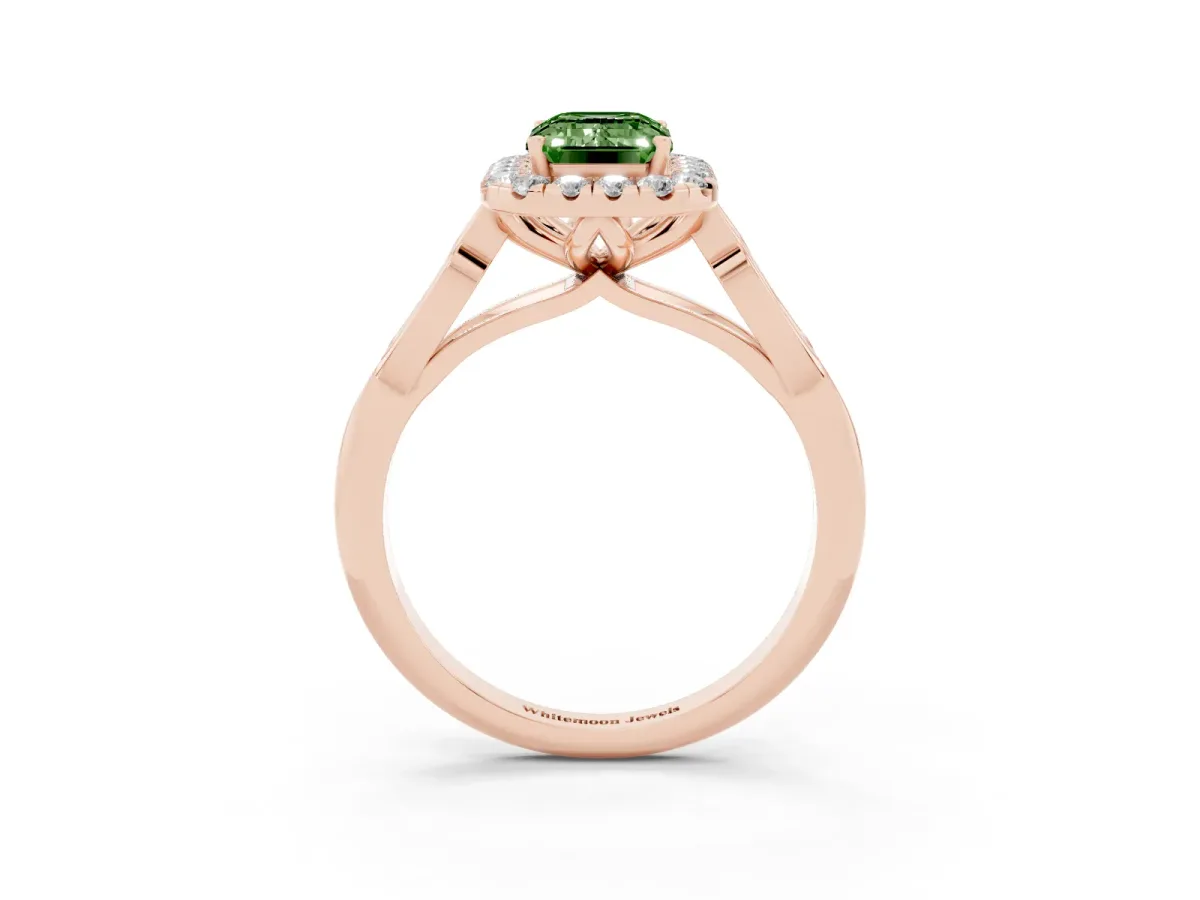 Fancy Green Emerald Cut Halo Diamond Engagement Ring with Filigree Band and Four-Prong Setting Rose gold