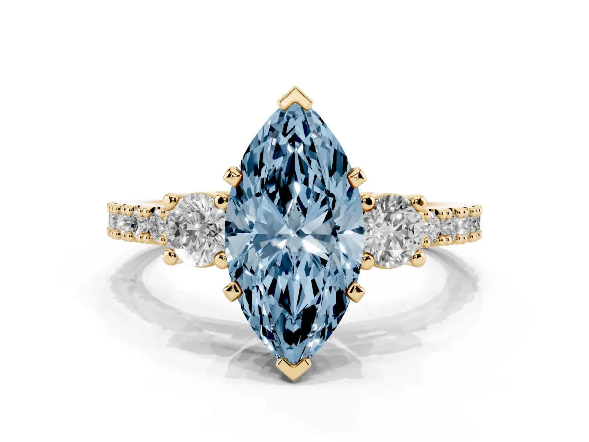 Fancy Blue Marquise Cut Three-Stone Diamond Pavé Band with Prong Setting Yellow gold
