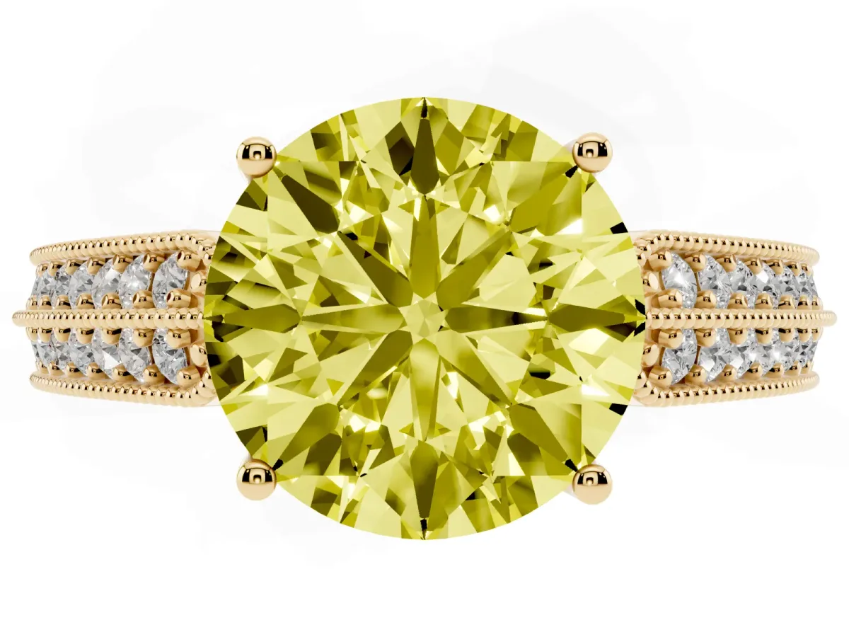 Fancy Yellow Round Cut Cut Pave Split Shank Engagement Ring with Four-Prong Setting Yellow gold