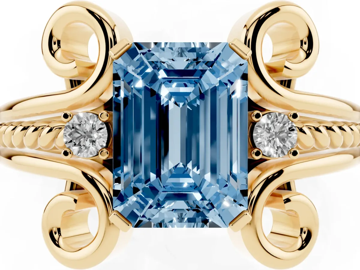 Fancy Blue Emerald Cut Solitaire Twisted Band Scroll Prong Ring Yellow gold
