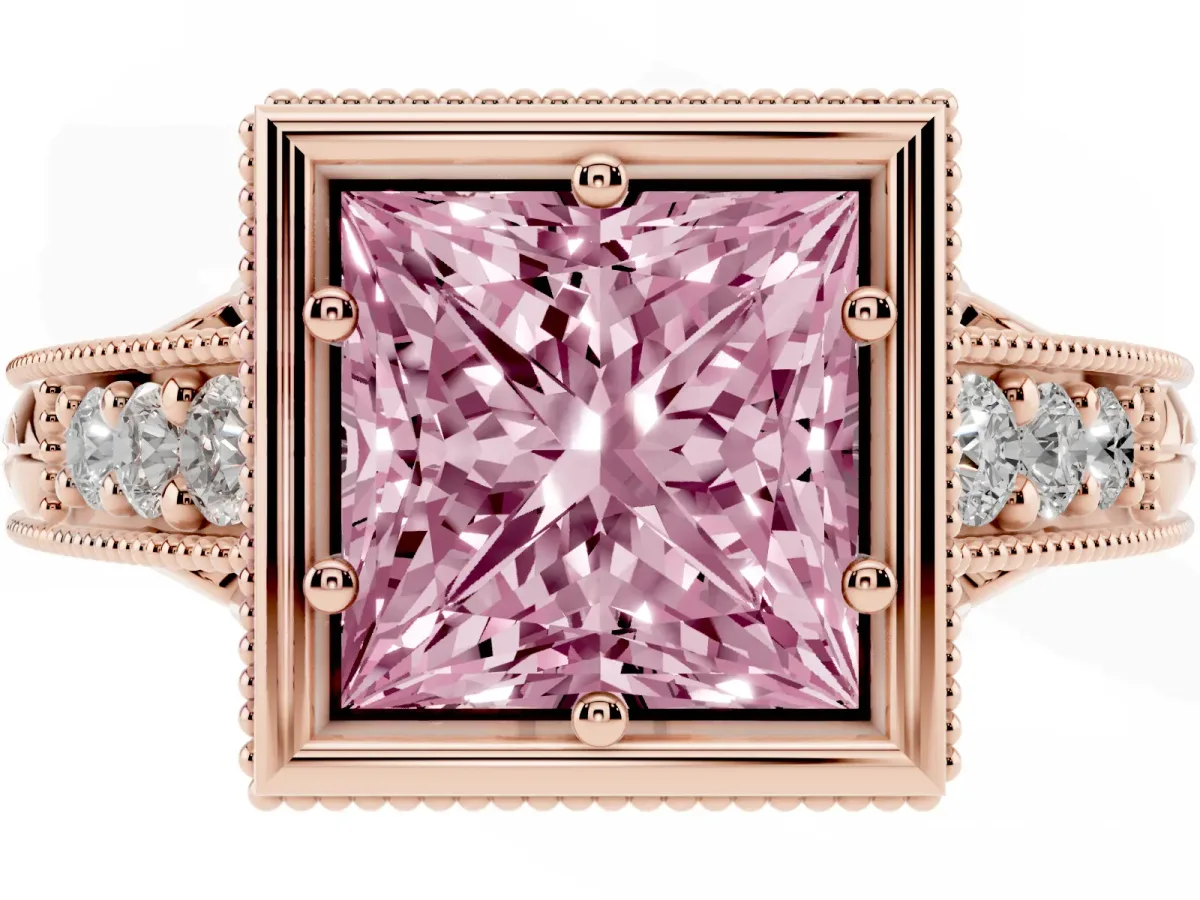 Fancy Pink Bezel Set Princess Cut Diamond Milgrain Pave Engagement Ring Rose gold