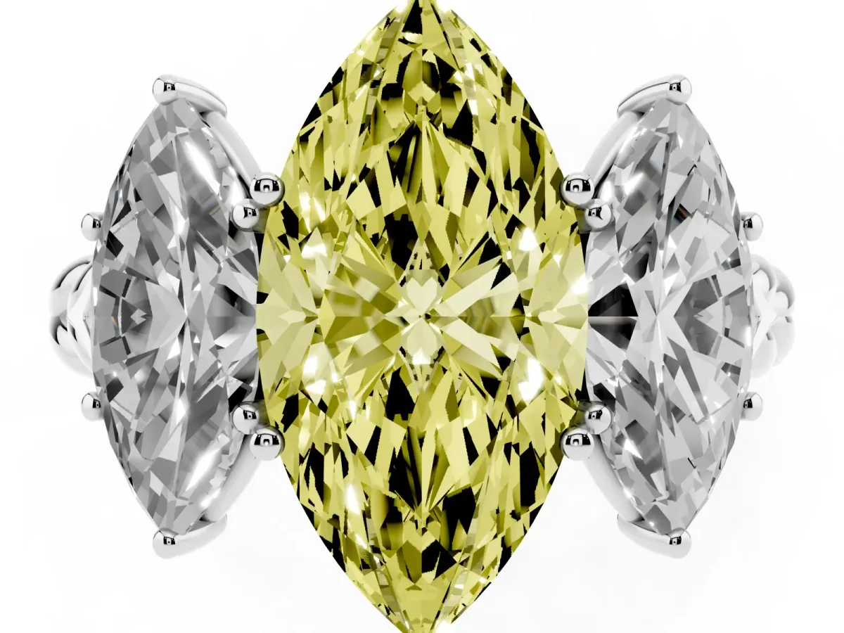 Fancy Yellow Three-Stone Marquise Cut Diamond Braided Band Ring with Four-Prong Setting Silver