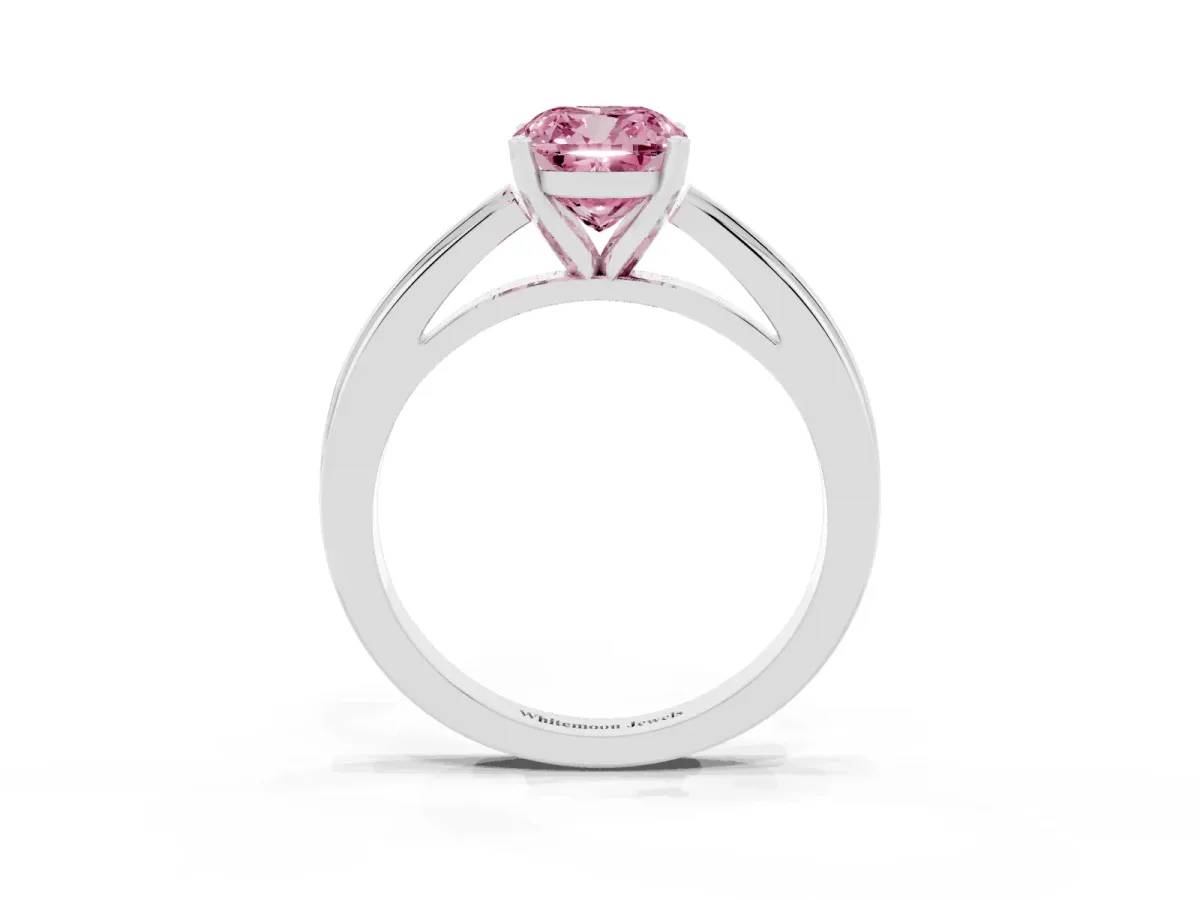 Fancy Pink Cushion Cut Solitaire Diamond Ring with Four-Prong Setting and Classic Band White gold
