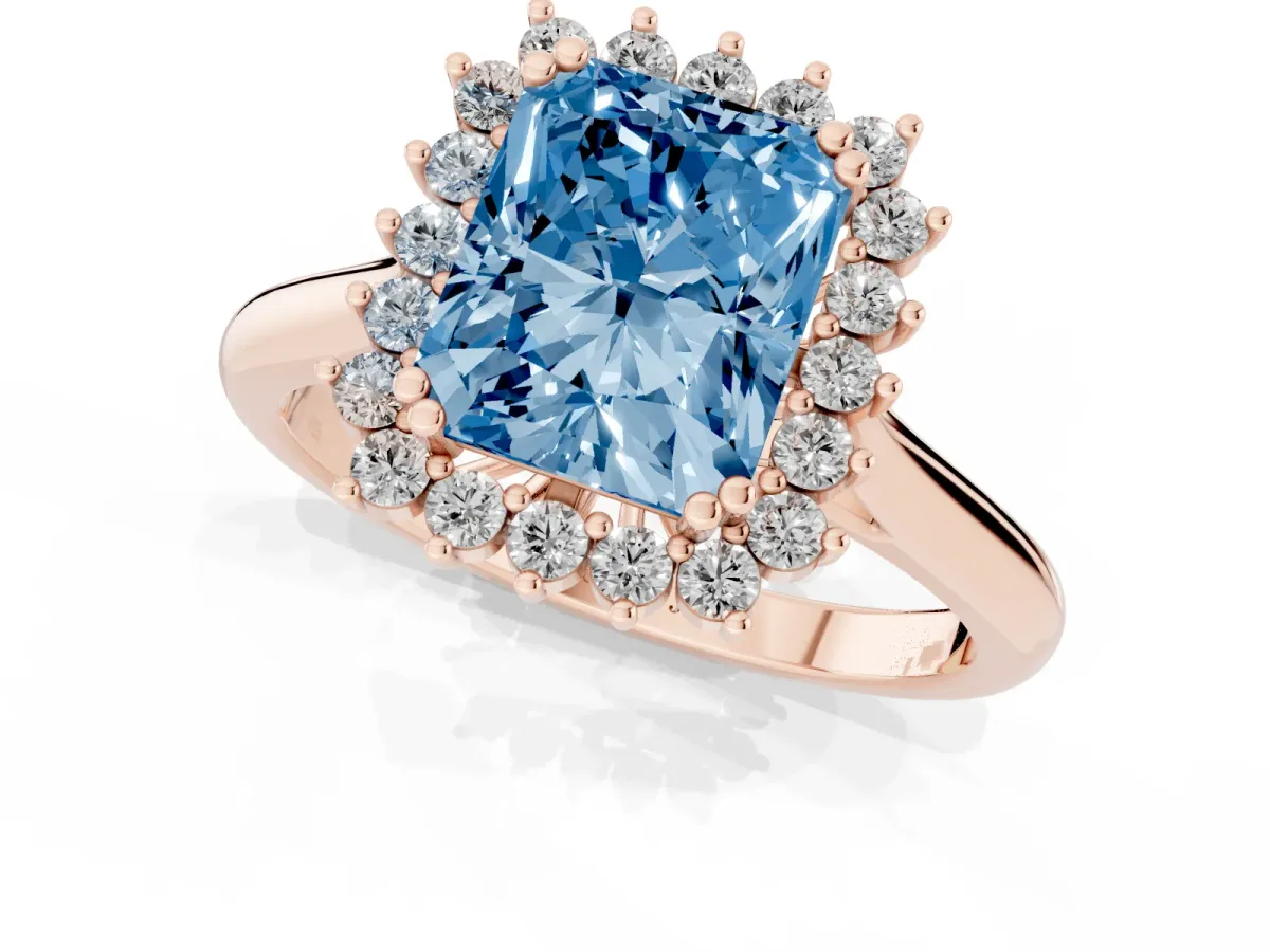 Fancy Blue Radiant Cut Cut Diamond Halo Ring with Solitaire Band and Prong Setting Rose gold