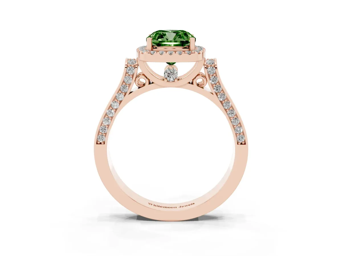 Fancy Green Cushion Cut Halo Pave Split Shank Prong Setting Ring Rose gold