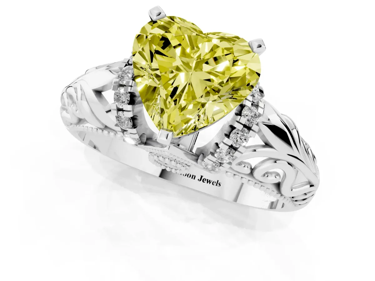 Fancy Yellow Heart Cut Solitaire Filigree Engagement Ring with Halo and Prong Setting Platinum