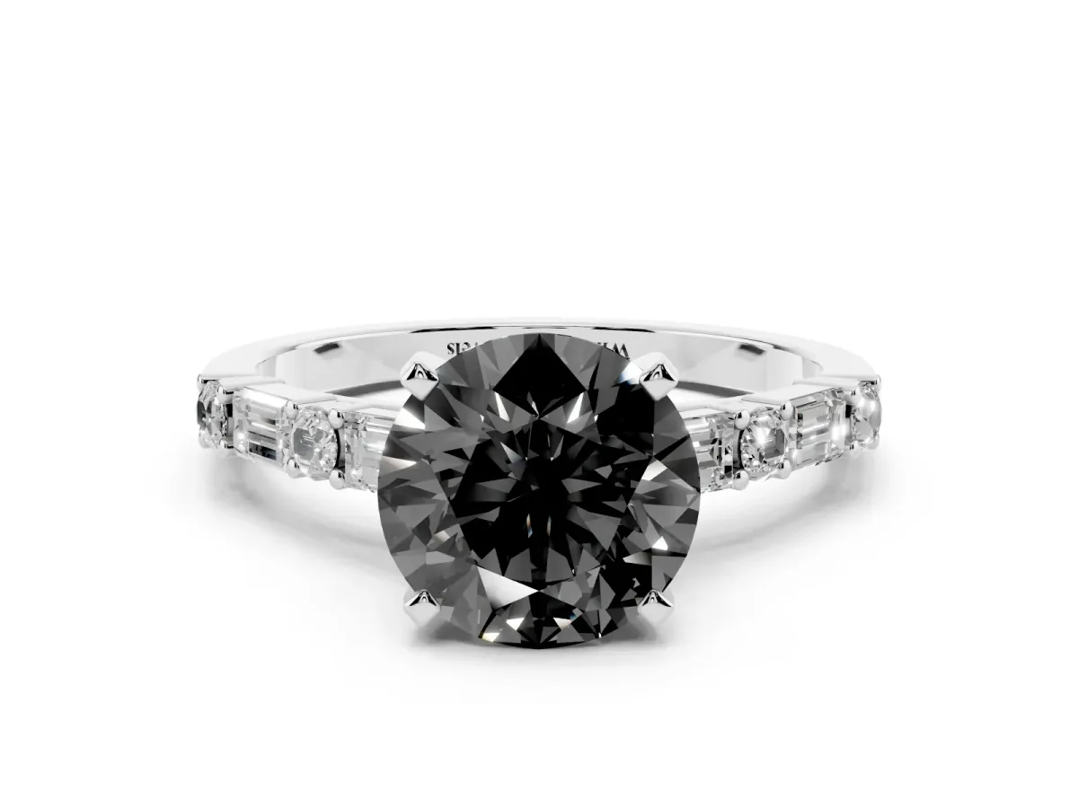 Fancy Black Round Cut Diamond Solitaire with Side Baguettes and Channel Set Band White gold