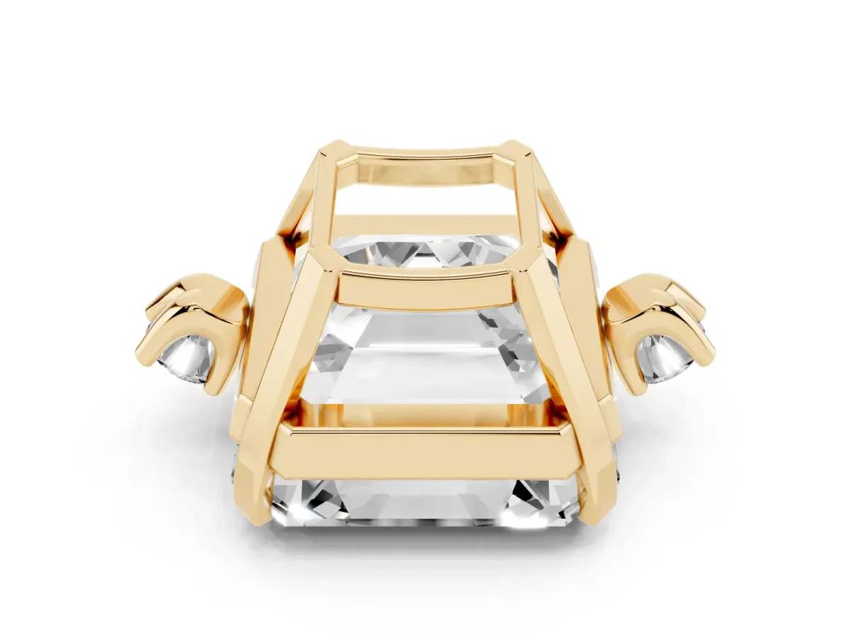 Asscher Cut Cut Three-Stone Solitaire Ring with Round Accent Diamonds and Four-Prong Setting Yellow gold
