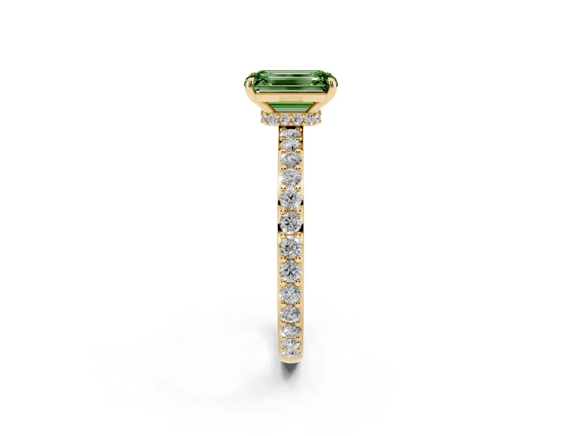 Fancy Green Emerald Cut Diamond Pavé Engagement Ring with Round Accents and Prong Setting Yellow gold