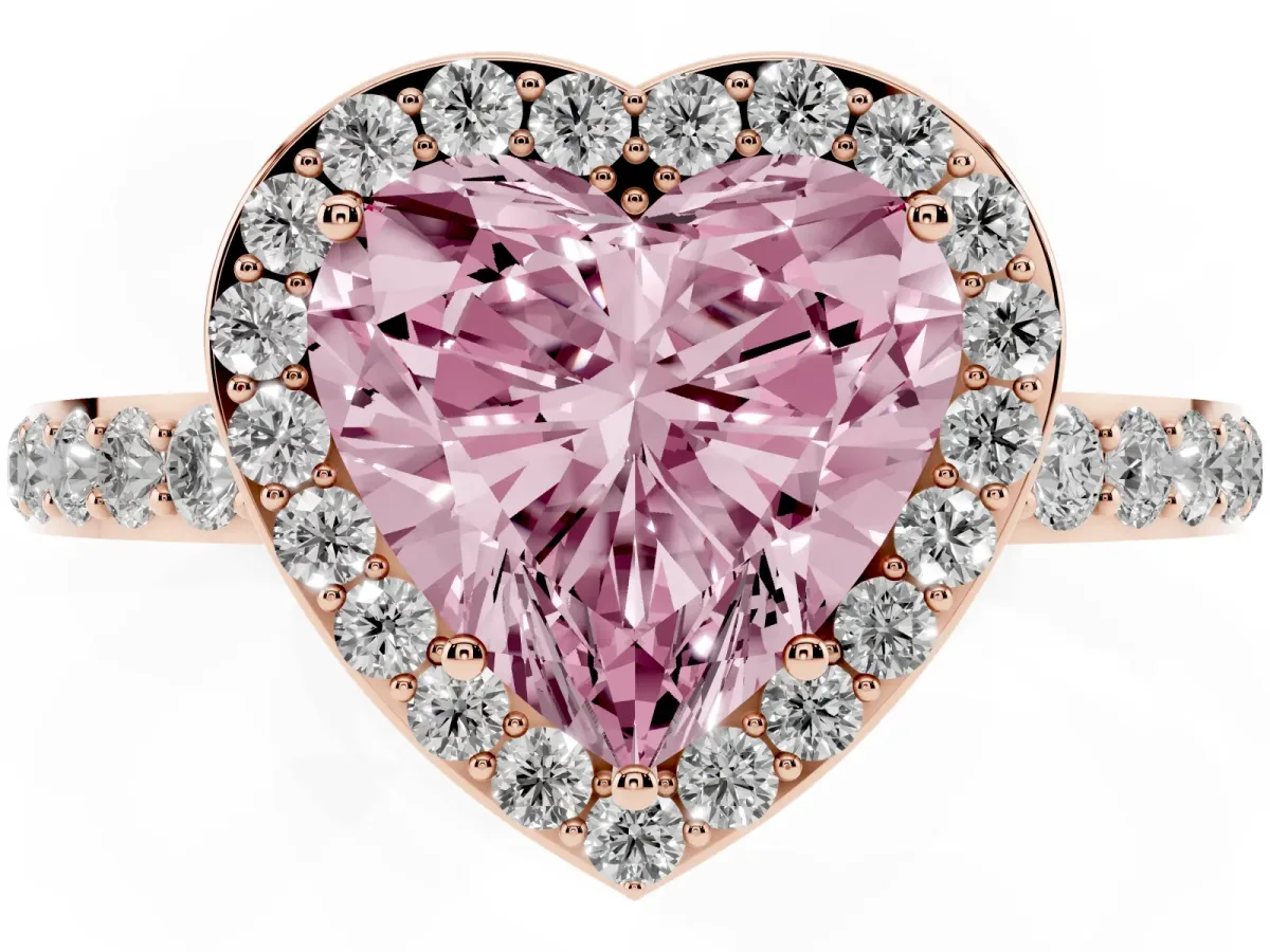Fancy Pink Heart Cut Halo Diamond Pavé Band Ring with Prong Setting Rose gold