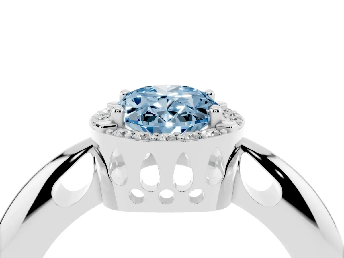 Fancy Blue Oval Cut Cut Diamond Halo Engagement Ring with Split Shank and Four-Prong Setting Silver