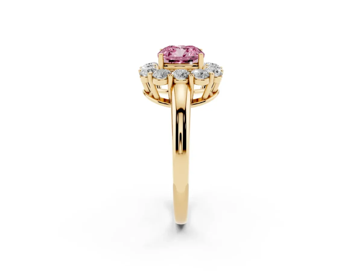 Fancy Pink Cushion Cut Halo Cluster Diamond Engagement Ring with Prong Setting and Polished Band Yellow gold
