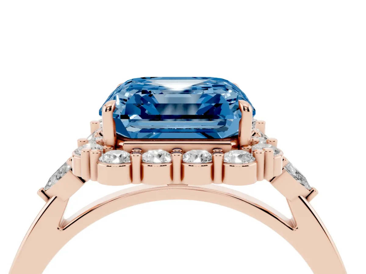 Fancy Blue Asscher Cut Diamond Halo Ring with Pear Side Stones and Prong Setting Rose gold