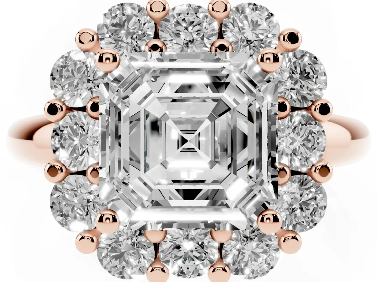 Asscher Cut Halo Cluster Diamond Engagement Ring with Prong Setting and Polished Band Rose gold