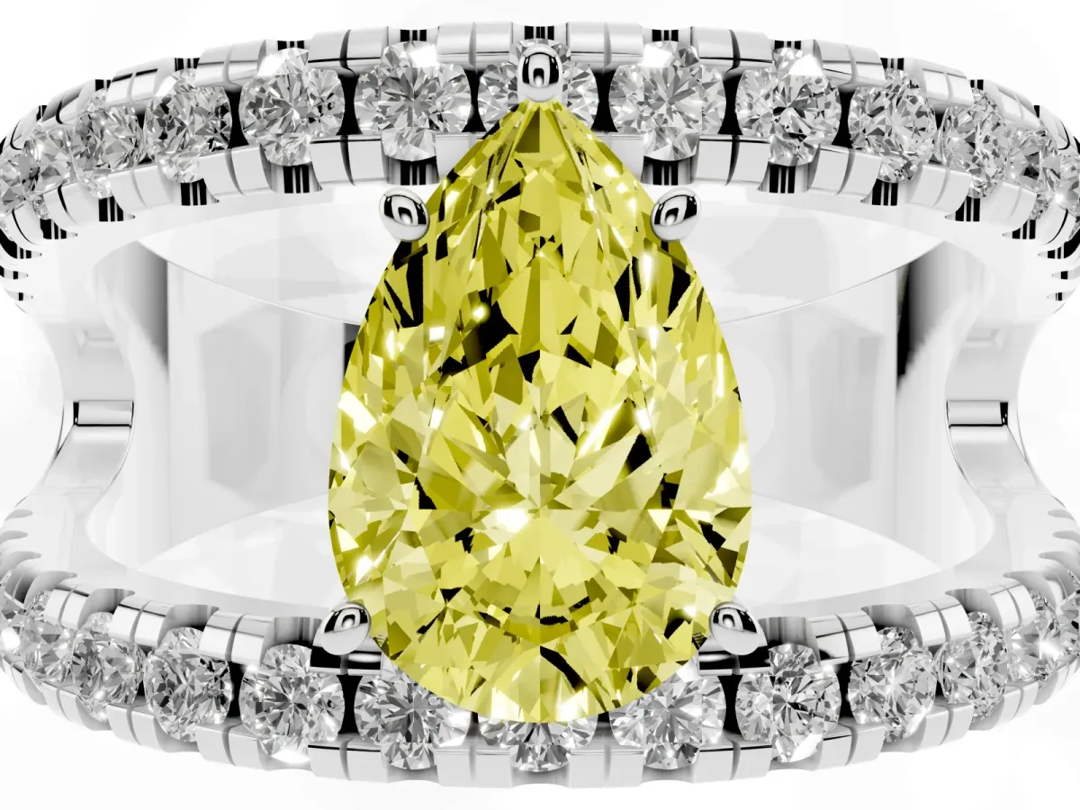 Fancy Yellow Pear Cut Solitaire Split Shank Pave Diamond Ring Silver