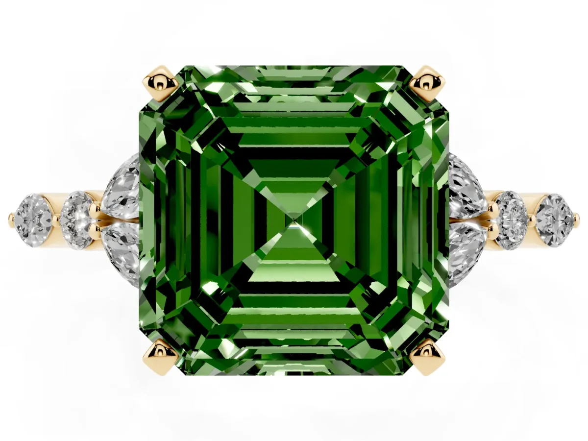 Fancy Green Asscher Cut Diamond Solitaire Ring with Side Stones and Four-Prong Setting Yellow gold