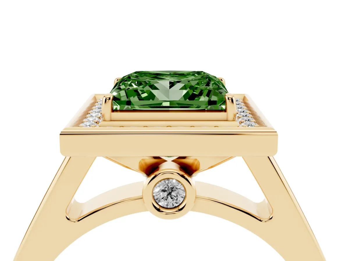 Fancy Green Princess Cut Halo Solitaire Diamond Ring with Pave Band and Bezel Setting Yellow gold