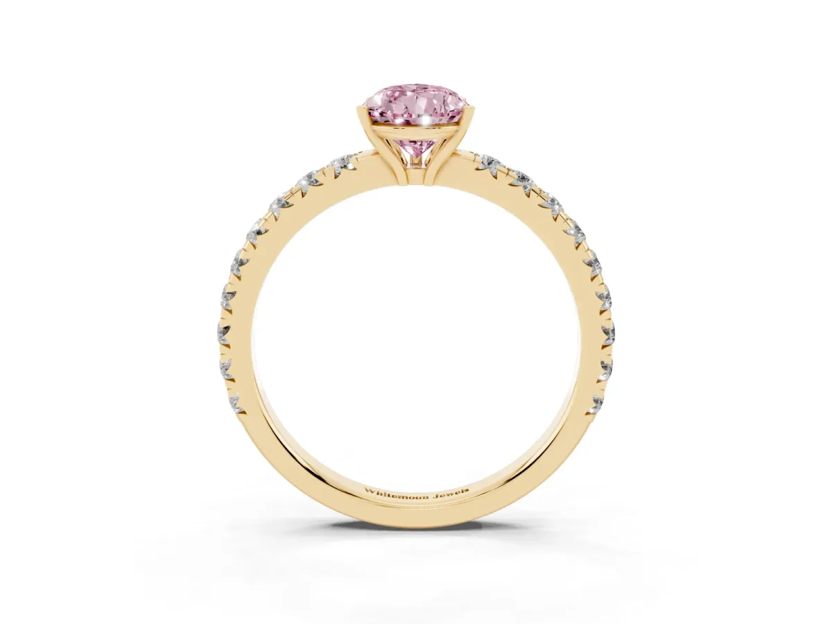 Fancy Pink Pear Cut Diamond Pavé Solitaire Engagement Ring with Four-Prong Setting Yellow gold
