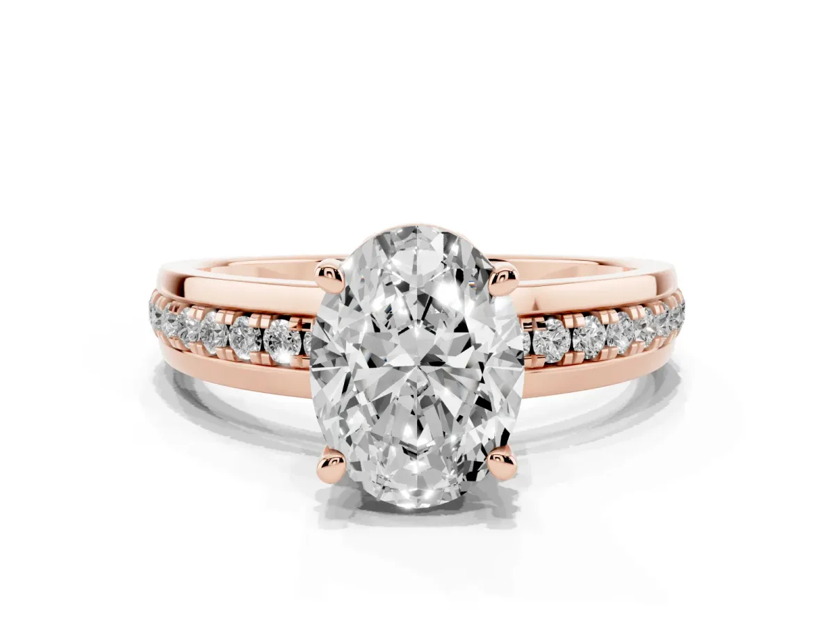 Oval Cut Solitaire Diamond Ring with Channel Set Band and Six-Prong Setting Rose gold