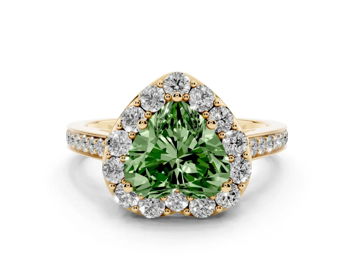 Fancy Green Heart Cut Diamond Floral Halo Ring with Pavé Band and Prong Setting Yellow gold