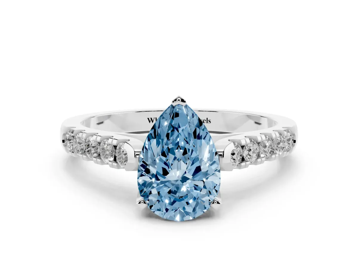 Fancy Blue Pear Cut Diamond Pavé Band Solitaire Ring with Prong Setting Platinum